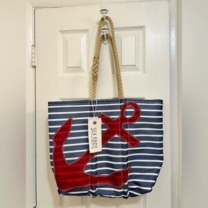 Sea Bags from Maine medium tote with blue stripes, red anchor, and rope straps